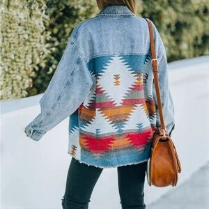 Multicolored Aztec Print Denim Jacket Women’s L Southwestern Frayed Hem Boho EUC